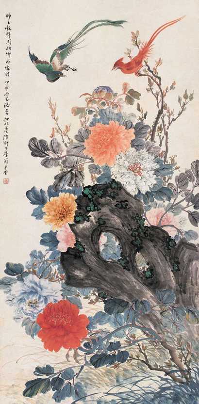 陆抑非 1944年作 绶带同春图 立轴